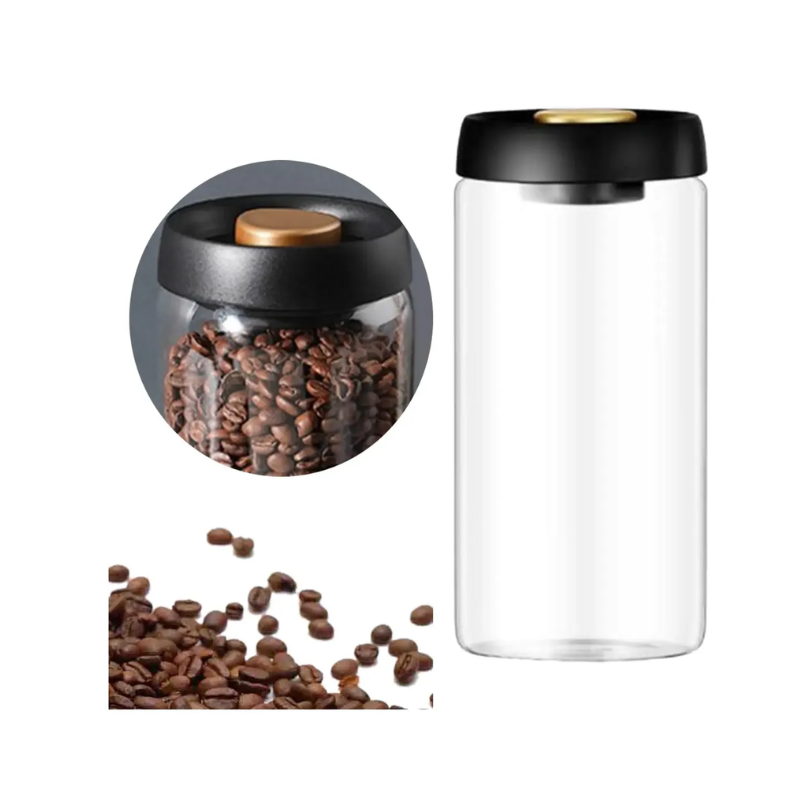Frasco Cafe Sellado Al Vacío Granos Bote Tarro Vidrio 900g Negro/dorado