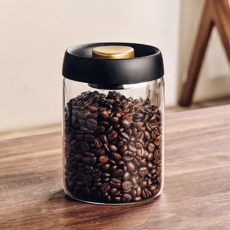 Frasco Cafe Sellado Al Vacío Granos Bote Tarro Vidrio 900g Negro/dorado